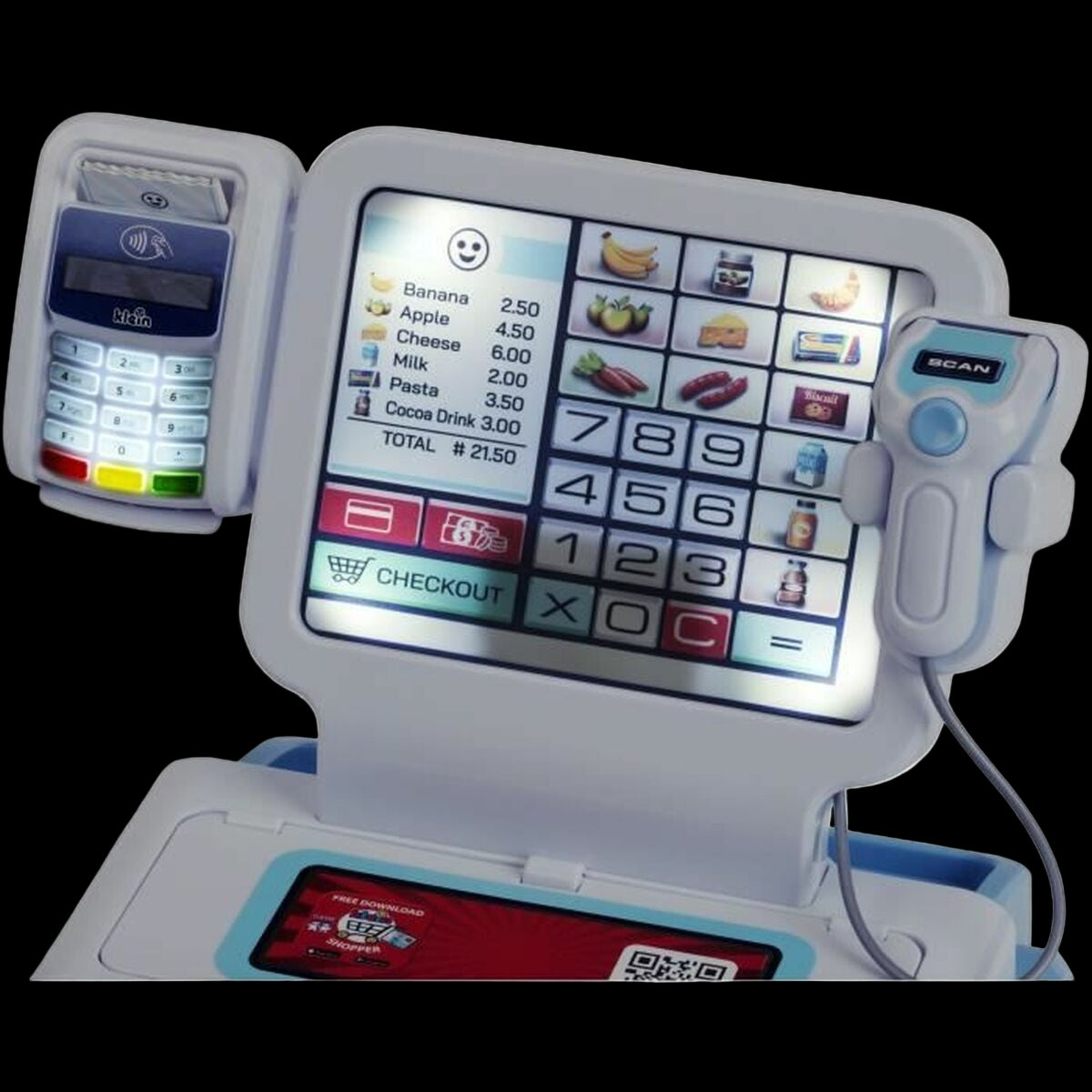 Toy cash register with screen and buttons on a white background