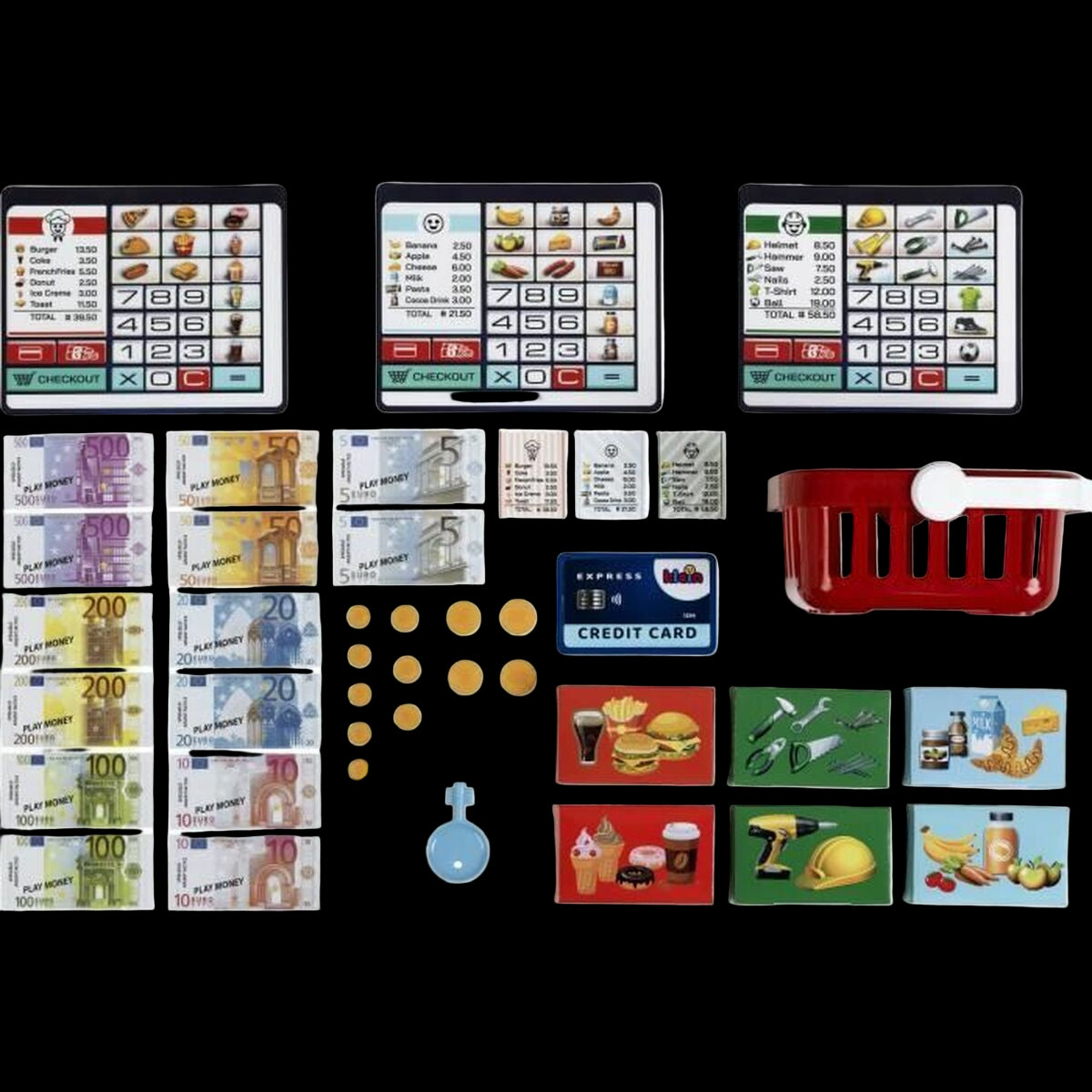 Collection of toy cash registers, cards, and a basket on a white background