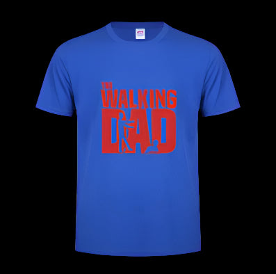 Blue t-shirt with 'WALKING DAD' text in red on a white background