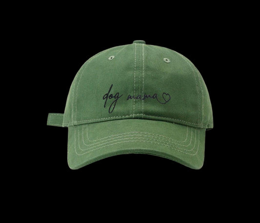 Green cap with 'dog mama' embroidery on a white background, featuring the Pawsome Pets New York brand.
