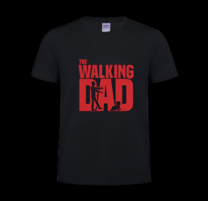 Black t-shirt with 'The Walking Dad' graphic in red on a white background