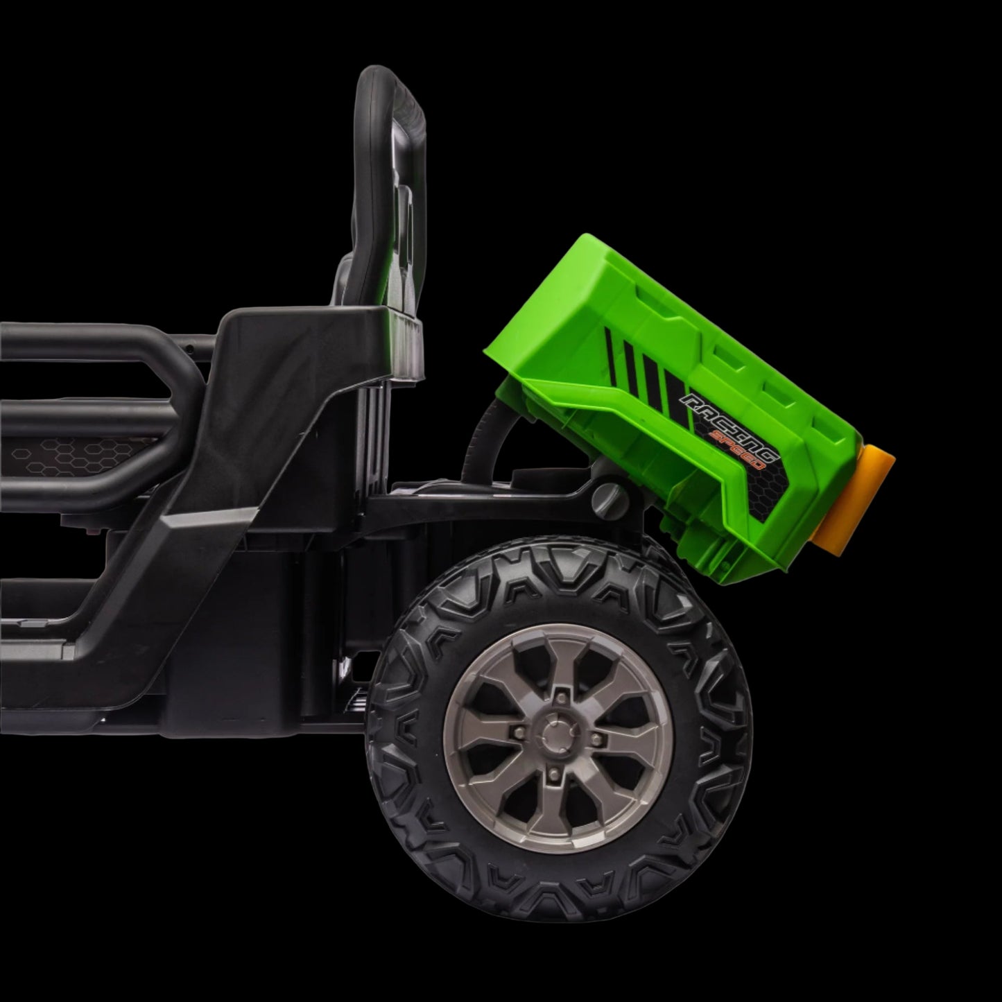 Toy truck with a green and black tool attachment on a white background