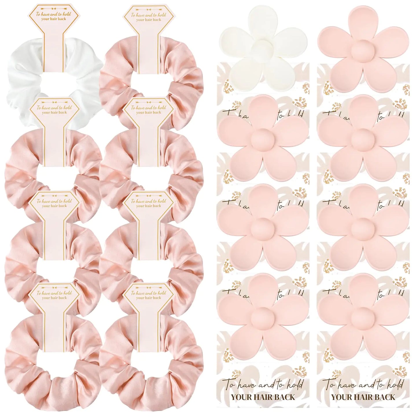 Set of pink hair scrunchies with decorative packaging on a white background