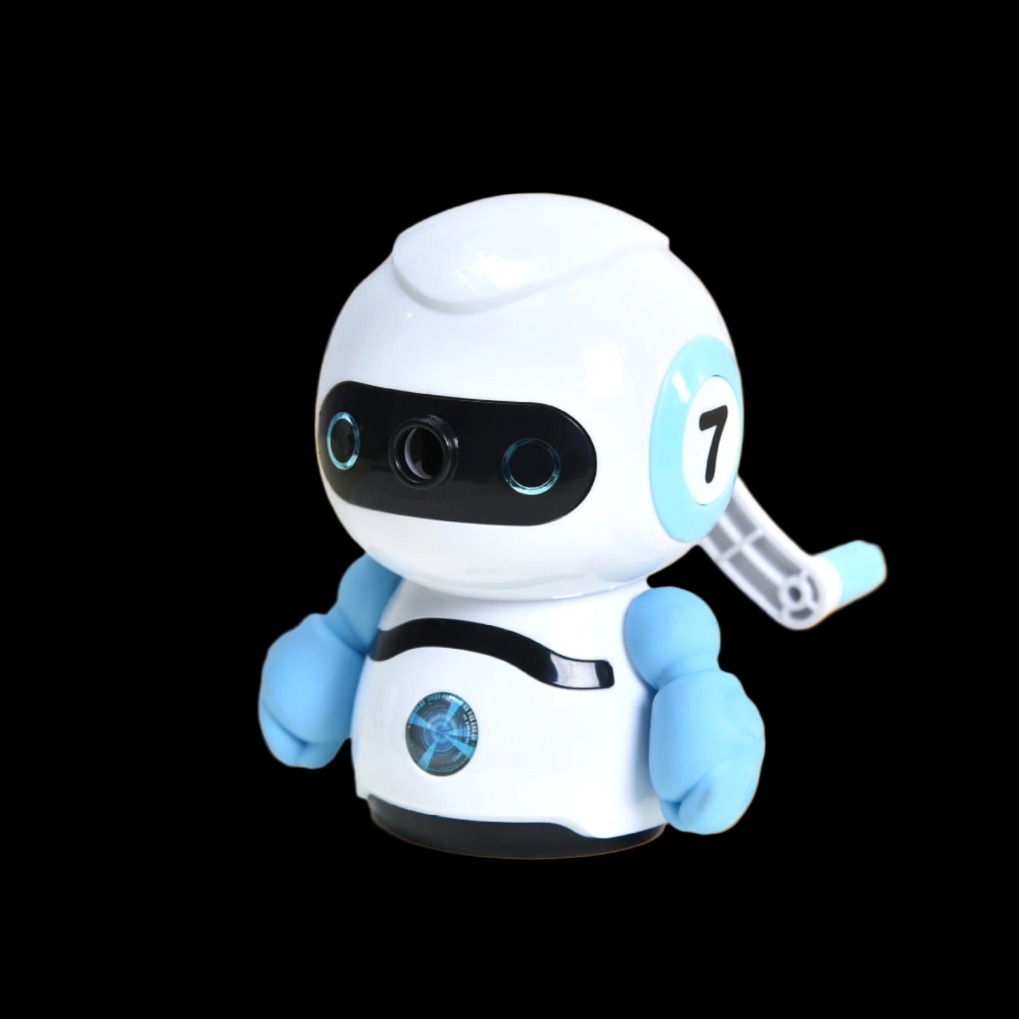 Toy robot with blue accents on a light surface