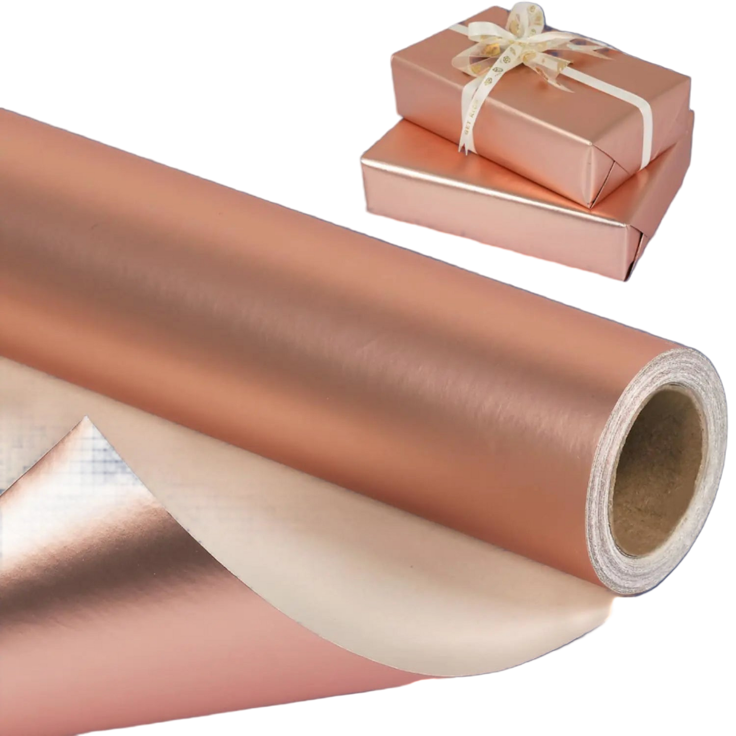 Roll of rose gold gift wrap with two wrapped gifts on a white background