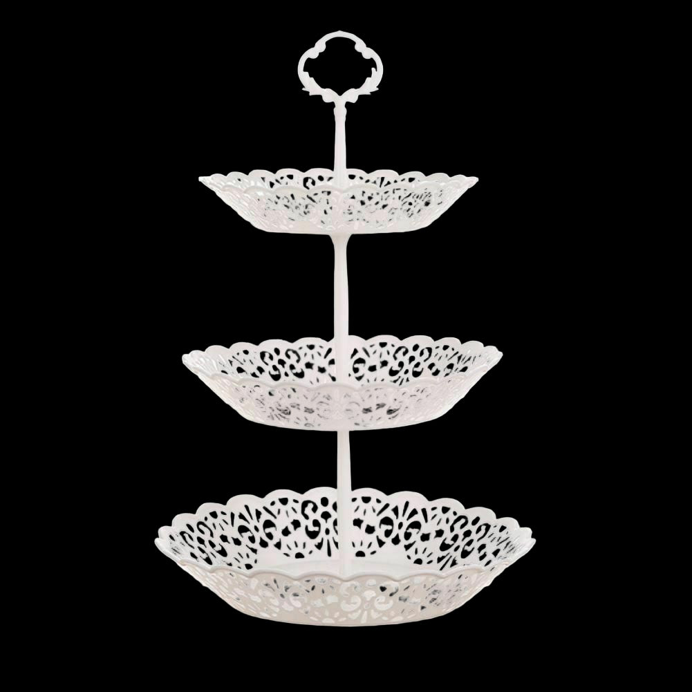 Three-tiered white lace-style stand on a white background