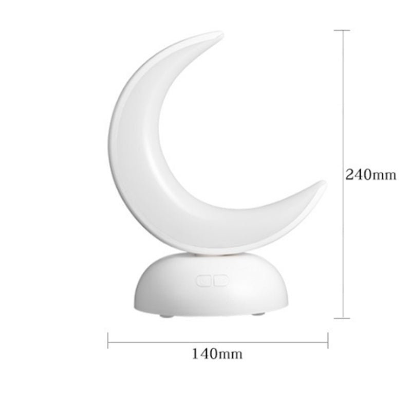 White crescent moon-shaped night light with dimensions on a white background