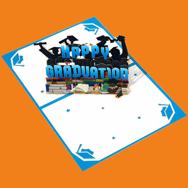 Graduation-themed card with books, cap, and 'Happy Graduation' text on a blue border.