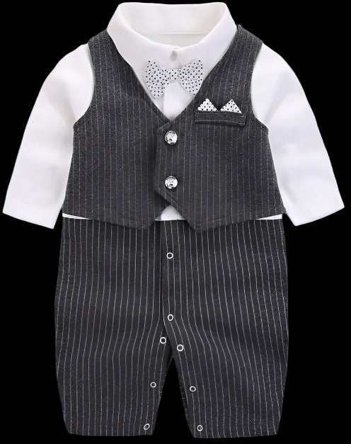 Baby outfit with vest and shirt on a textured surface with decorative elements