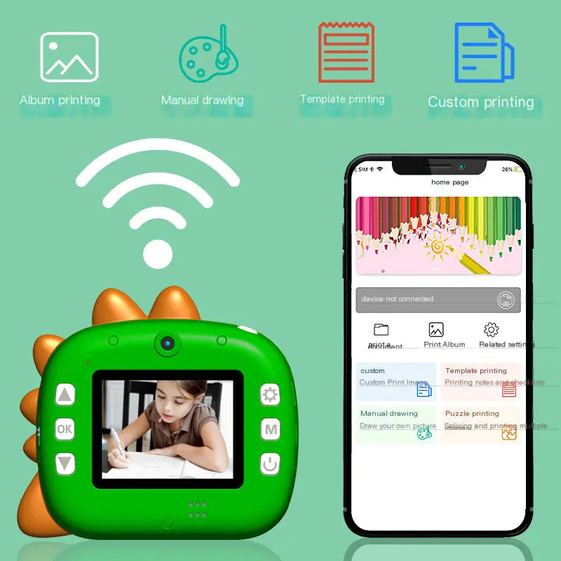 Green digital camera with dinosaur design on a green background, showing smartphone app interface.