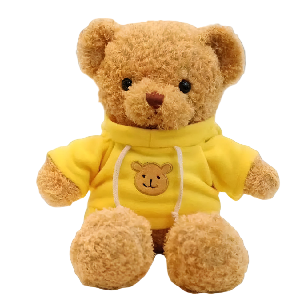 Teddy bear wearing a yellow hoodie with a bear face design on a white background