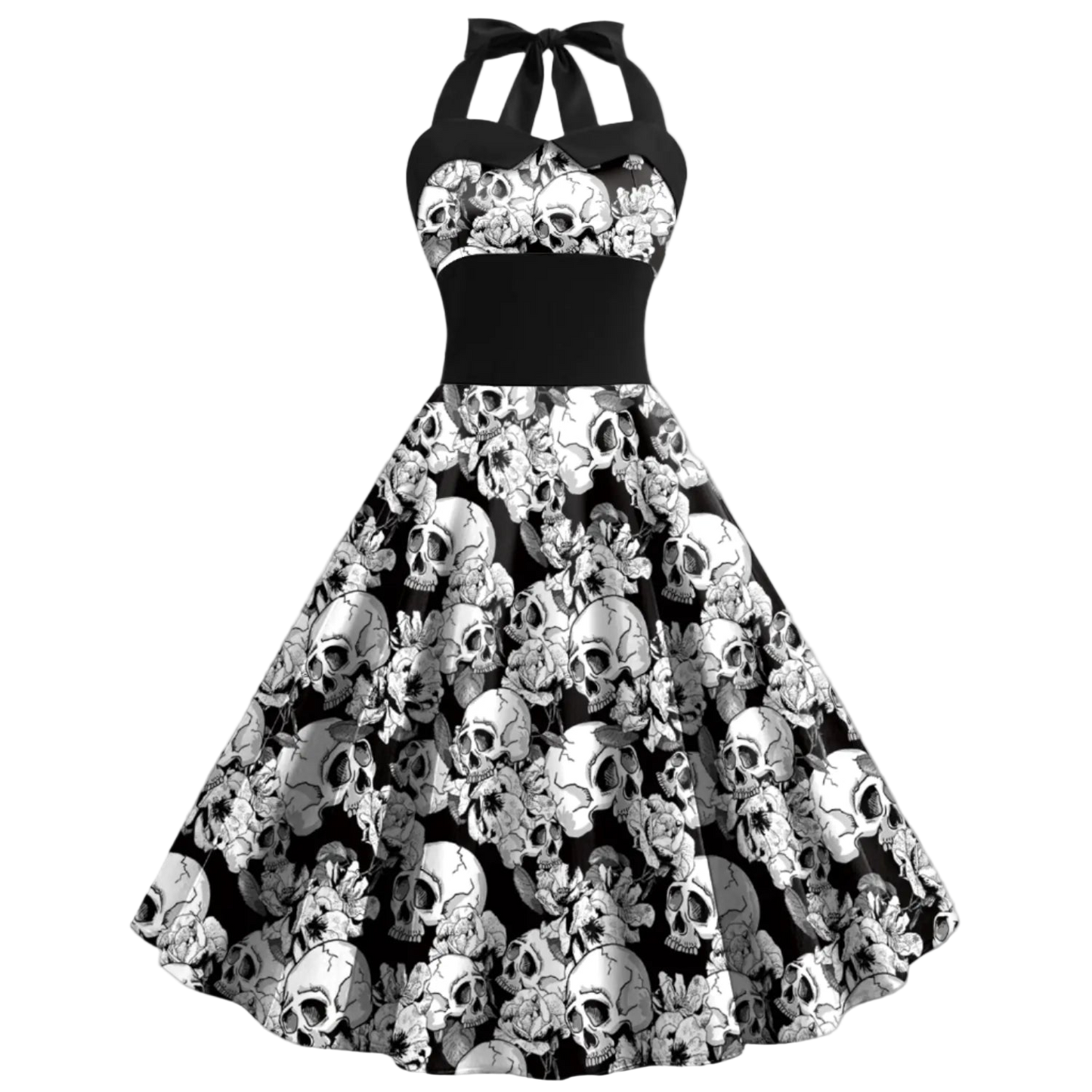 Black and white skull patterned dress with halter neck on a white background