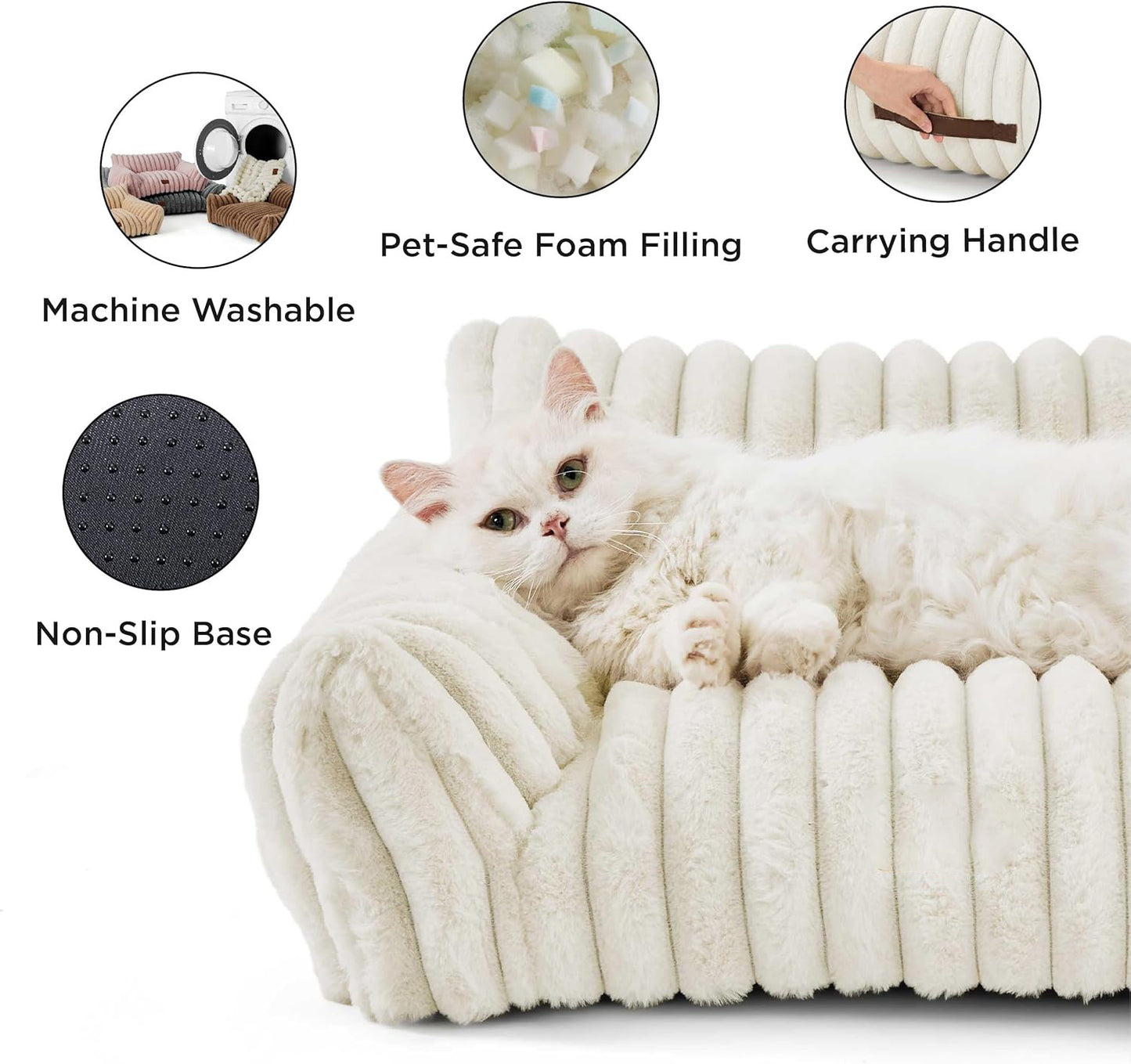 White pet bed with a cat inside, featuring pet-safe foam filling, carrying handle, machine washable, and non-slip base.