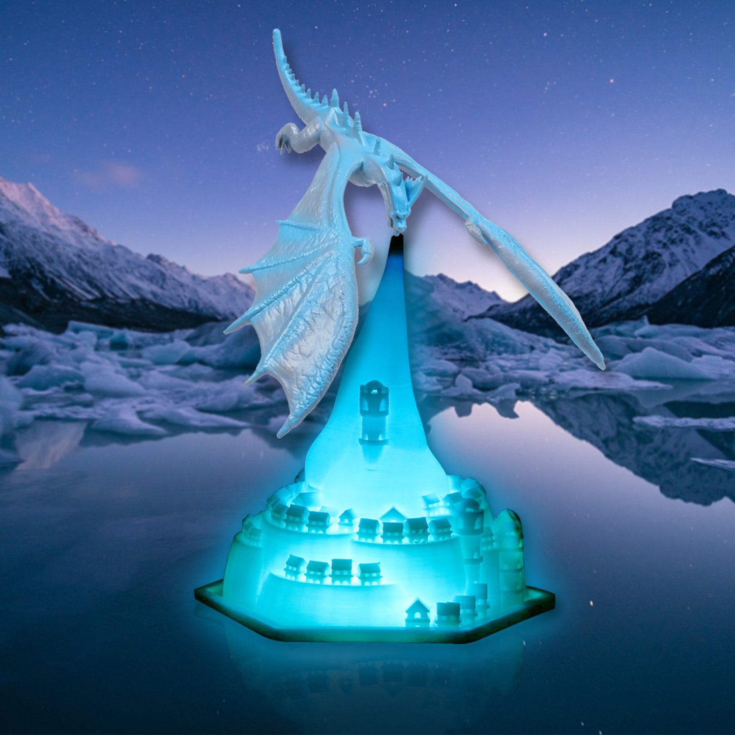 Dragon sculpture with glowing blue base in a snowy landscape