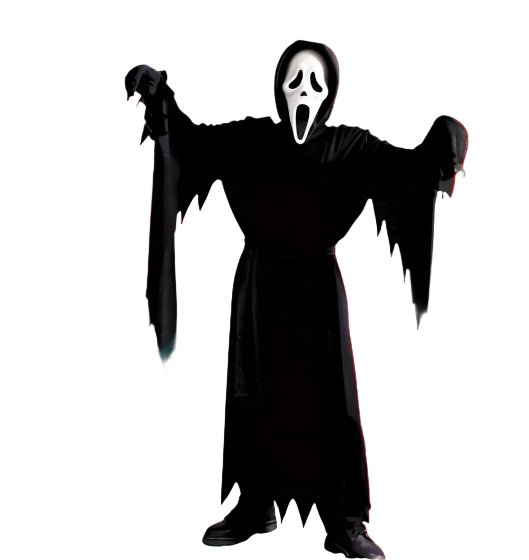 Black ghost costume with a white mask on a white background