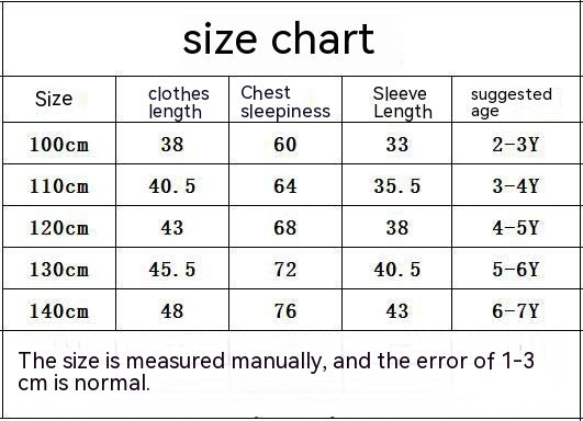 Size chart for children's clothing with measurements and suggested ages.