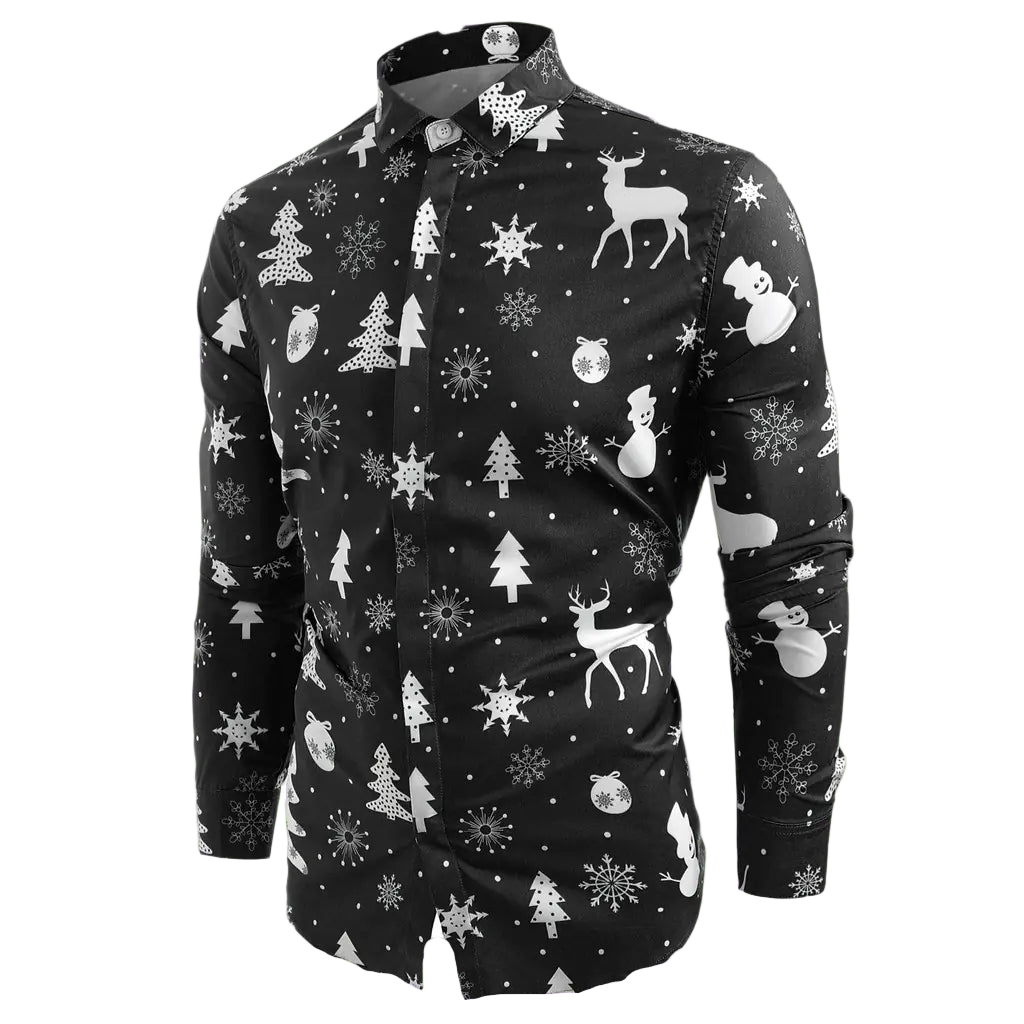 Black shirt with white Christmas-themed pattern on a white background