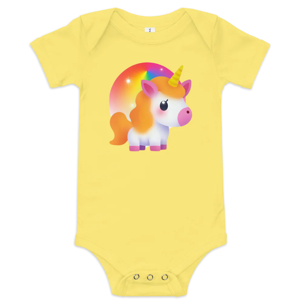 Yellow baby onesie with a unicorn design on a white background