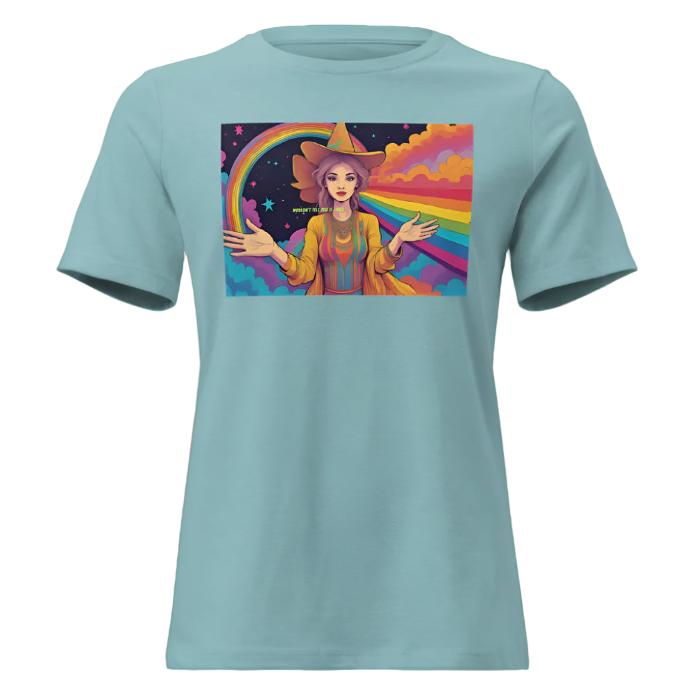 Light blue t-shirt with a colorful graphic of a person with a rainbow background on a white background
