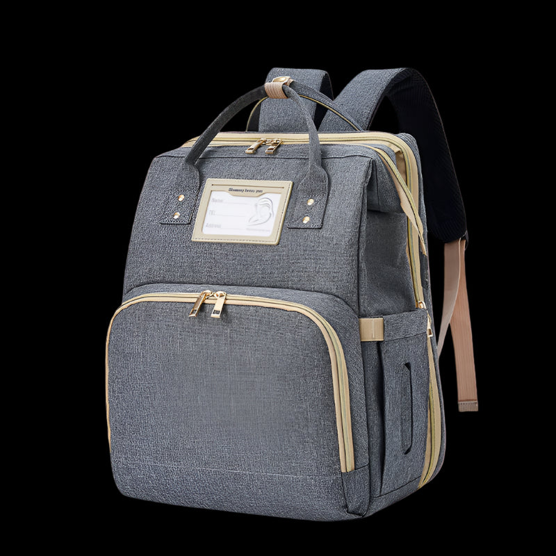 Gray backpack with beige accents on a white background