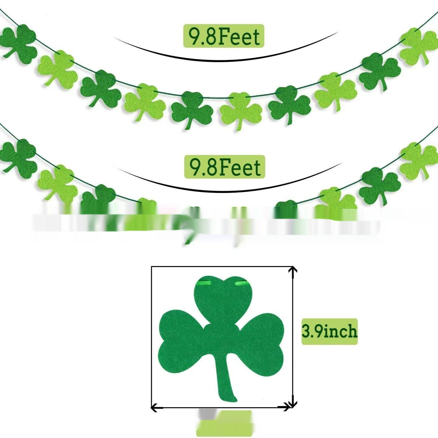 Green shamrock banner with measurements on a white background