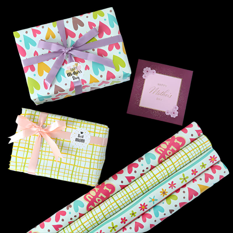 Gift wrap with colorful patterns, ribbons, and a card on a white background