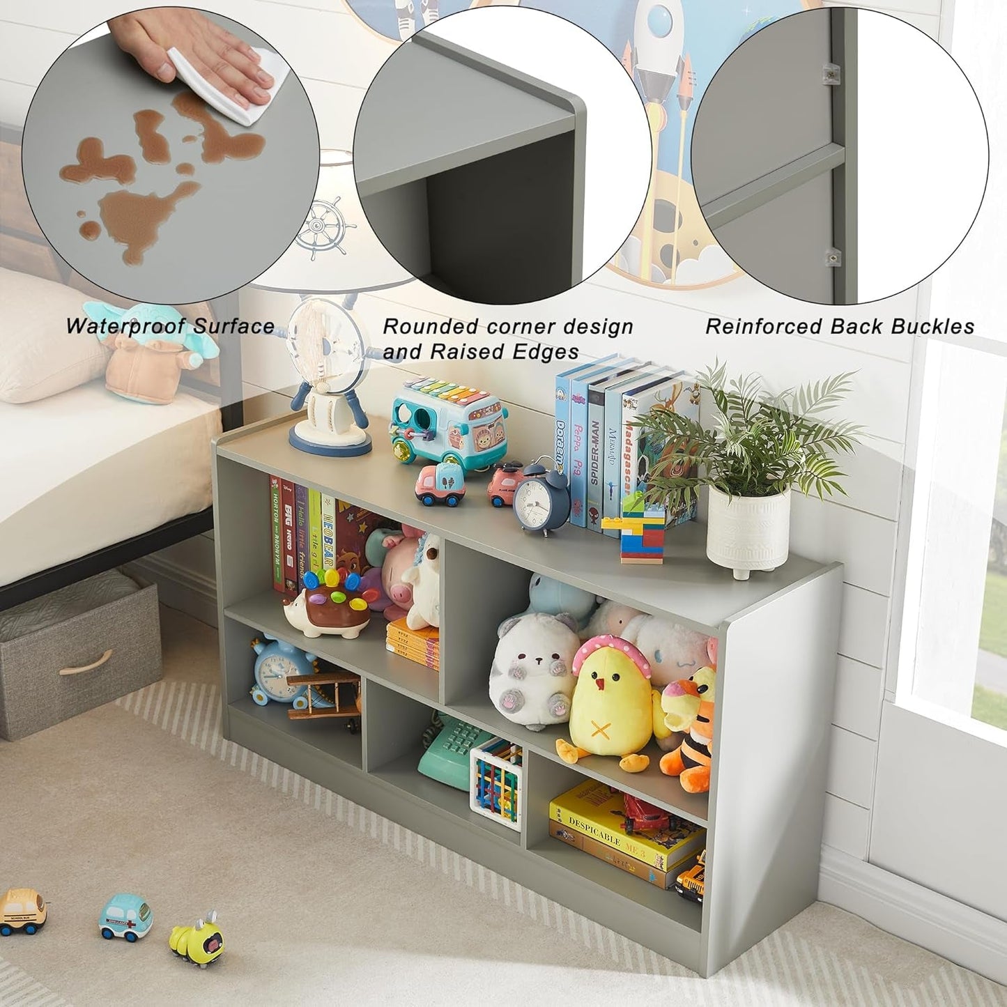 Children's bookshelf with toys and books, featuring waterproof surface, rounded corners, and reinforced back buckles.