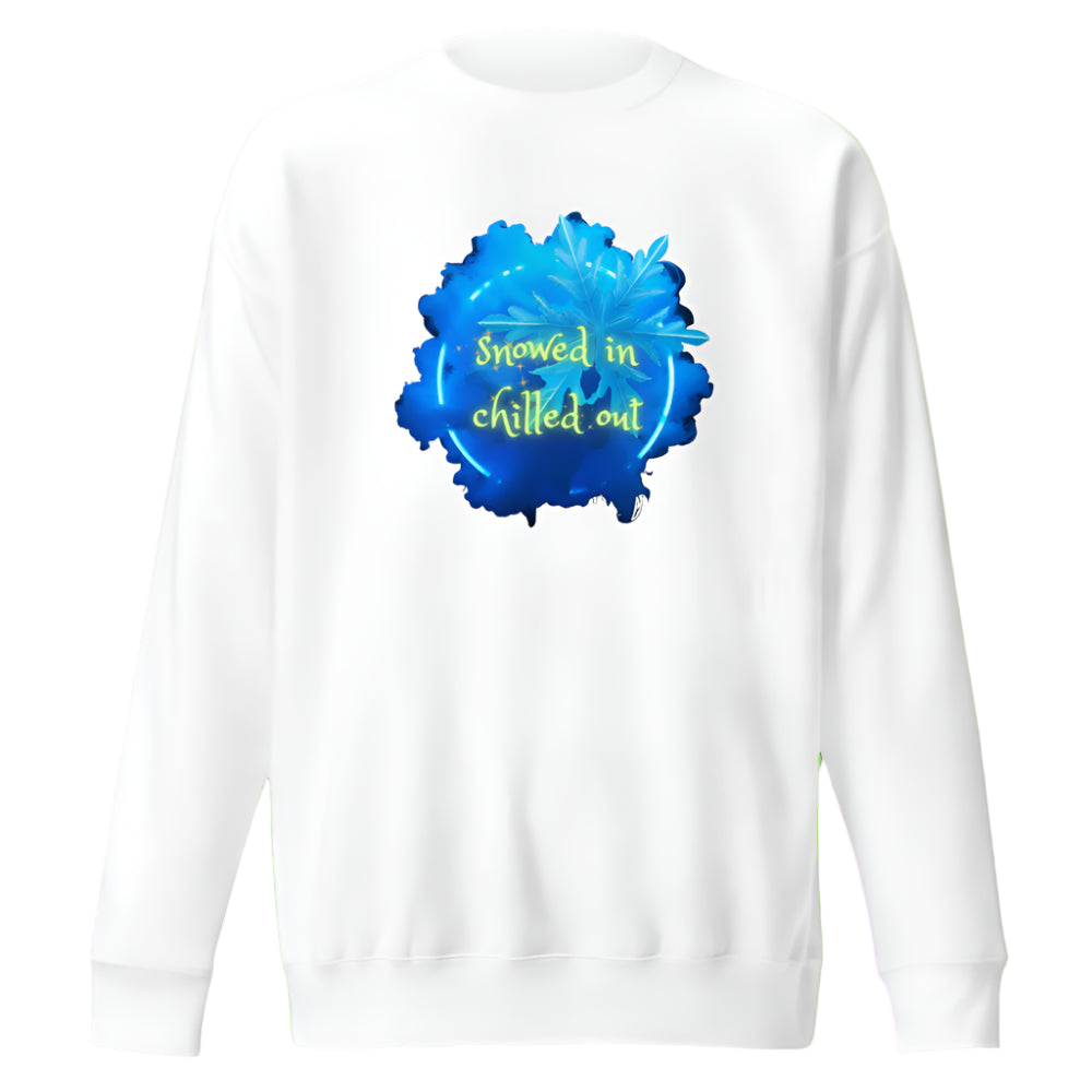 White sweatshirt with blue graphic and text on a white background