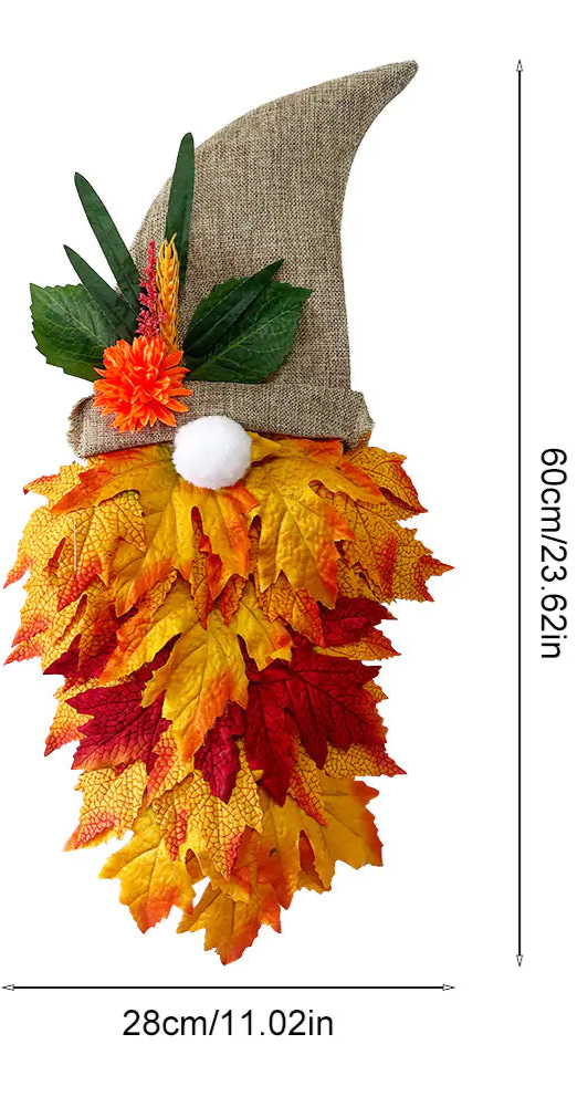 Decorative autumn-themed gnome with leaves and flowers, shown with dimensions on a white background.