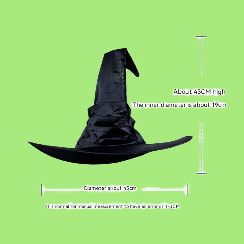 Black witch hat with measurements on a white background