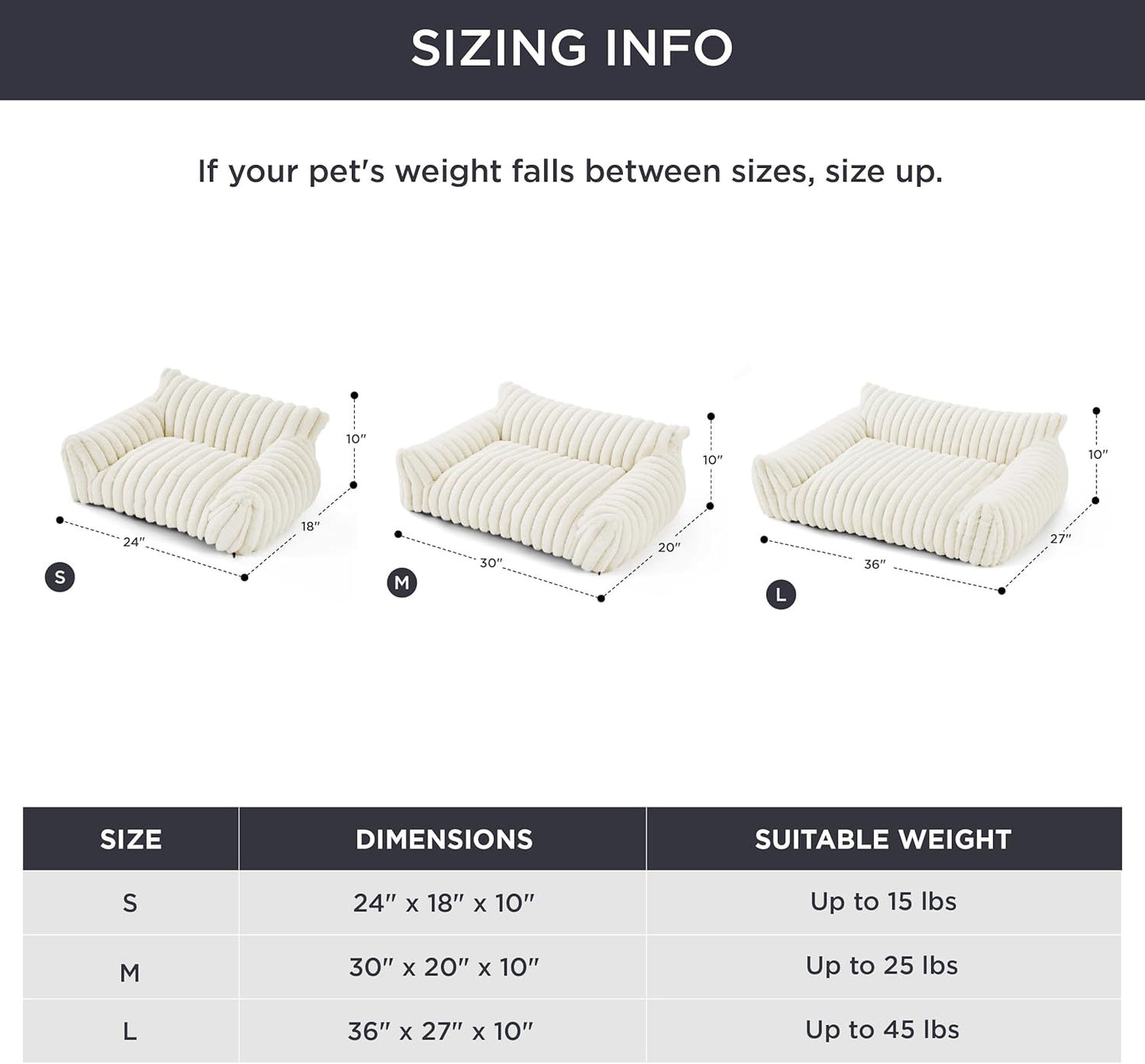 Sizing chart for pet furniture with dimensions and weight capacity.