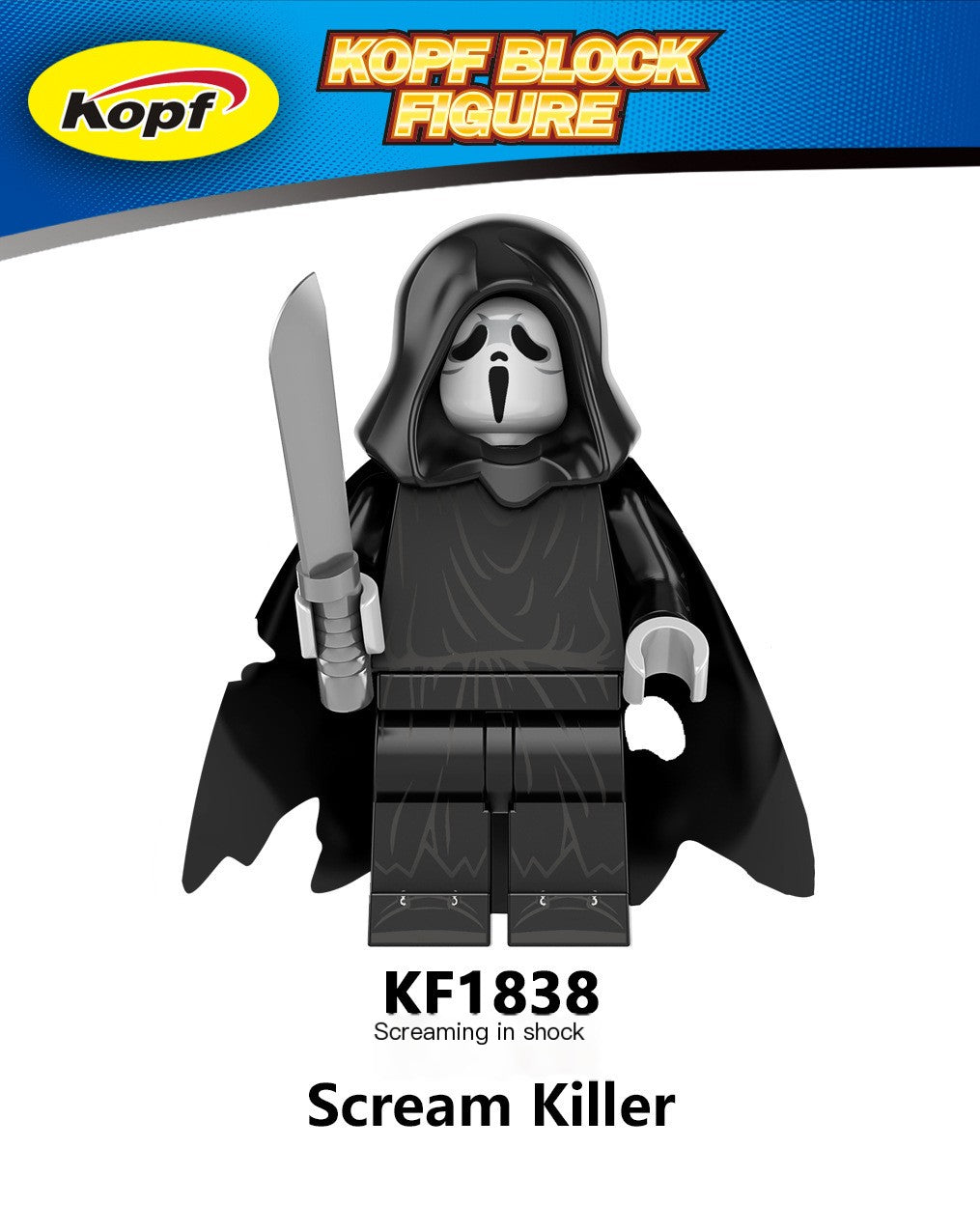 Kopf Block Figure Scream Killer toy figure with a sword on a white background