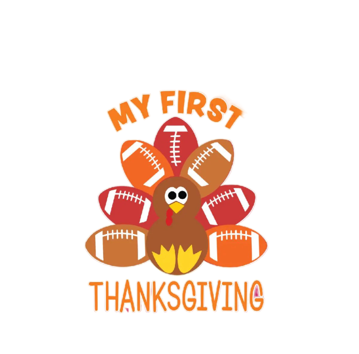 Pink bib with a turkey graphic and 'My First Thanksgiving' text on a white background