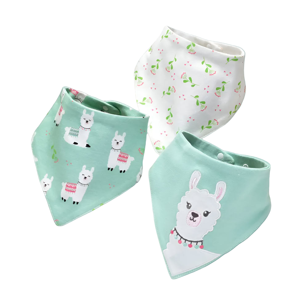 Three baby bibs with llama designs on a white background