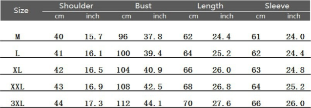 Size chart for clothing with measurements in inches and centimeters.