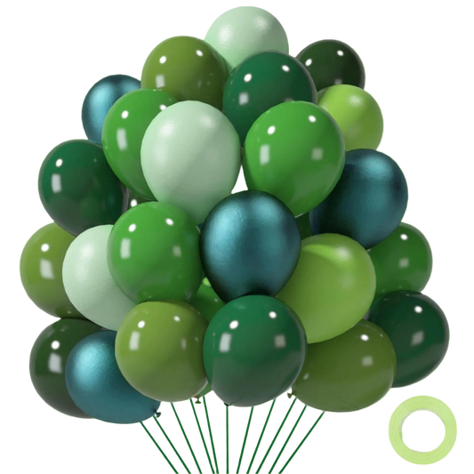 Bouquet of green and teal balloons on a white background