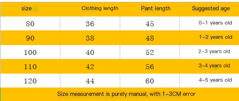 Table showing clothing and pant lengths for different sizes with suggested age ranges.