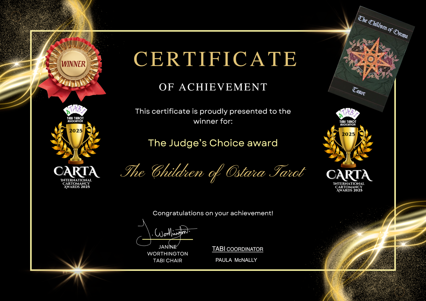 A black certificate of achievement with gold text and border, featuring award logos and a red ribbon seal. A small booklet titled 'The Children of Ostra Tarot' is shown in the top right corner.
