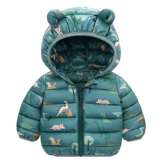 Children's puffer jacket with bear ears on a white background