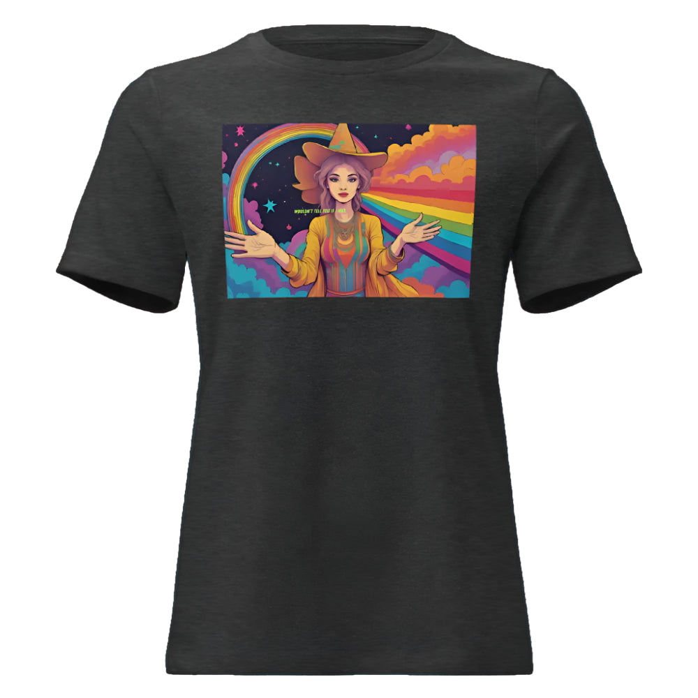Black t-shirt with a colorful graphic of a woman with a rainbow and triangle on a white background