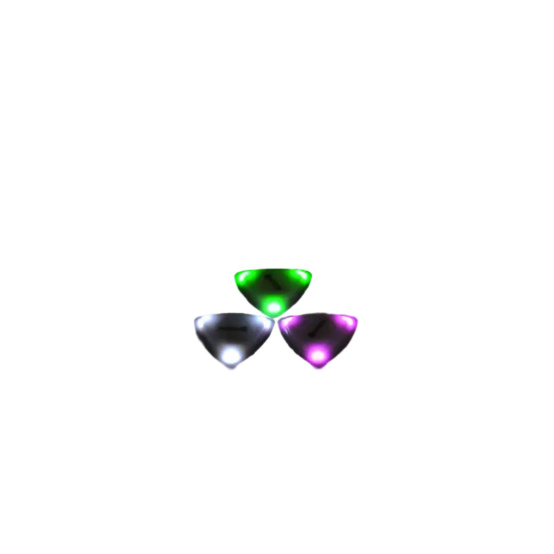 Three colorful triangular lights on a black background