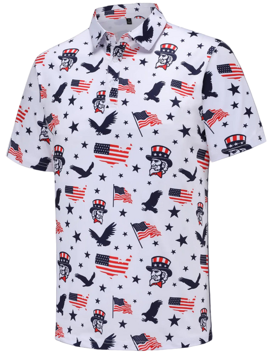 Short-sleeve shirt with American flag and eagle pattern on a white background