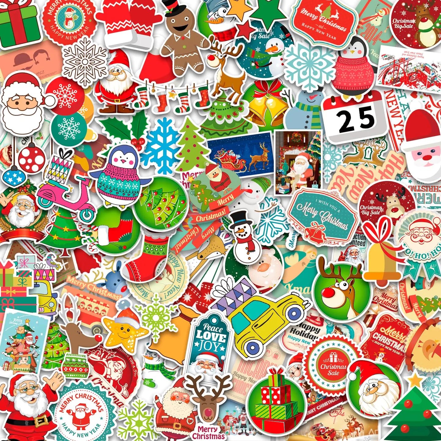 100 Assorted Christmas Vinyl Stickers Toy Pack for Children Santa, Snowmen, Snowflakes, Rudolph and more!!