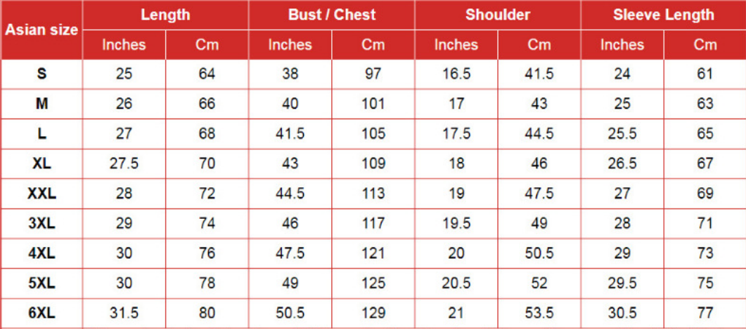 Table of Asian size chart for clothing with measurements in inches and centimeters.