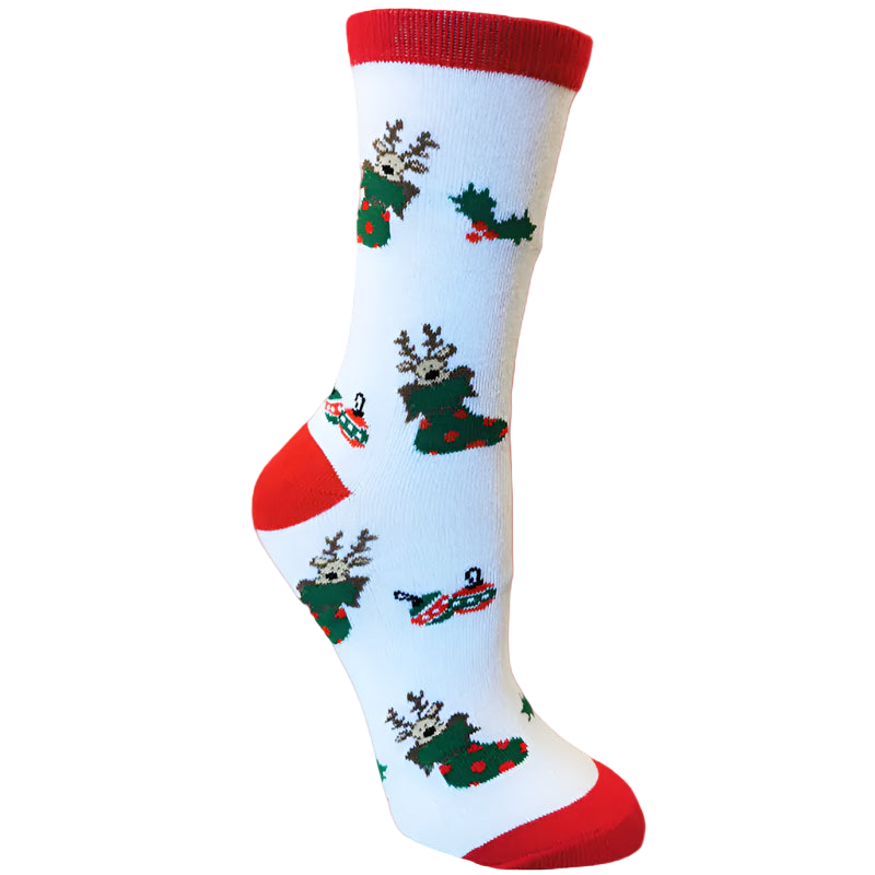 White sock with red trim featuring Christmas-themed designs on a white background