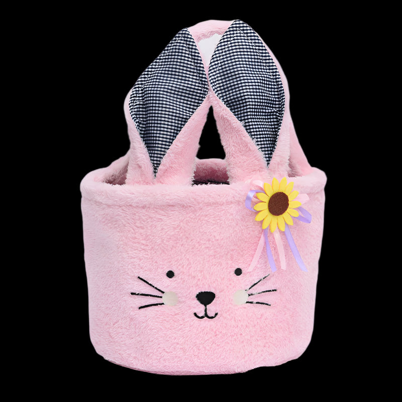 Pink bunny-shaped storage basket with checkered ears on a light gray background