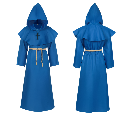 Blue hooded robe with a cross on a white background