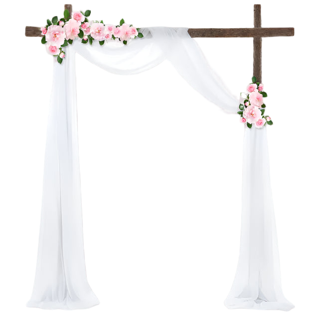 Decorative arch with pink flowers and white fabric on a white background