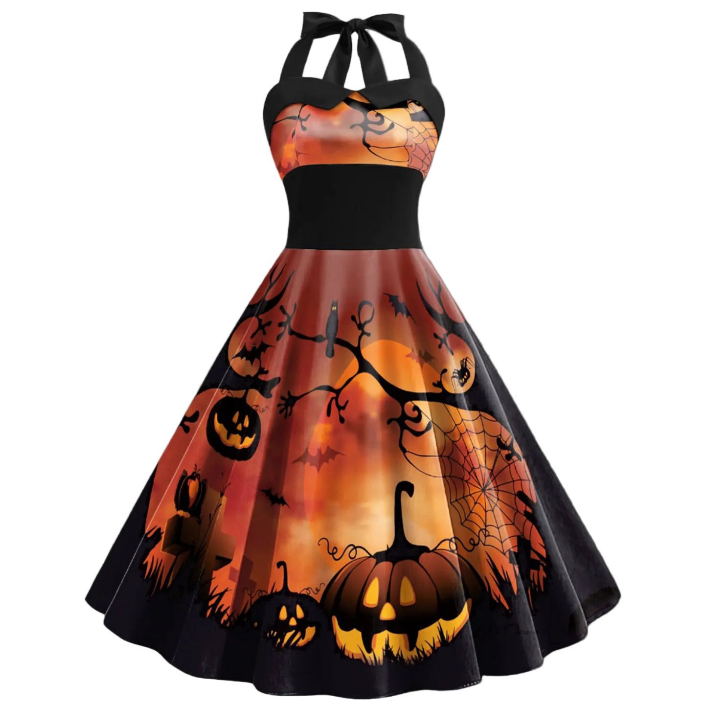 Halloween-themed dress with pumpkins and bats on a white background