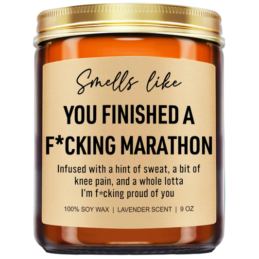 Candle jar with humorous label on a white background